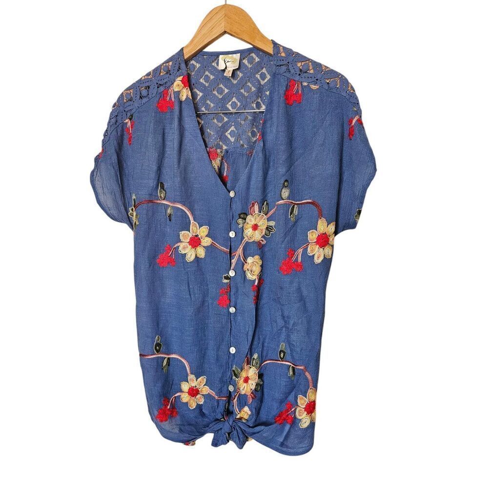 fig and flower Blue Embroidered Floral Button-Front Blouse